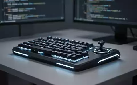 Schlankes, futuristisches Makro-Pad mit mechanischen Tasten und Joystick, blau leuchtend, neben unscharfem Bildschirm mit Code. - Foto: über boerse-global.de