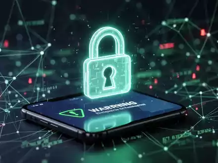 Smartphone-Bildschirm mit Sicherheitswarnung, leuchtendem Vorhängeschloss-Symbol und digitalen Netzlinien im Hintergrund. - Foto: über boerse-global.de
