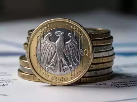 Nahaufnahme einer deutschen Euro-Münze mit Adler-Emblem, teilweise verdeckt von einem Münzstapel, vor verschwommenem Hintergrund. - Foto: über boerse-global.de