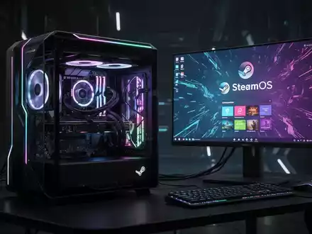 Schlanker, moderner Gaming-PC mit leuchtenden Komponenten, verbunden mit Monitor mit SteamOS-Oberfläche. - Foto: über boerse-global.de