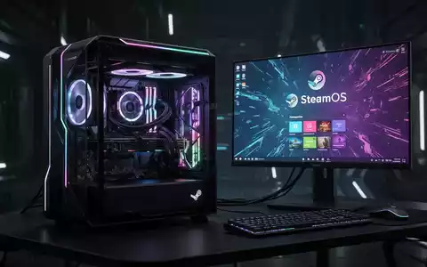 Schlanker, moderner Gaming-PC mit leuchtenden Komponenten, verbunden mit Monitor mit SteamOS-Oberfläche. - Foto: über boerse-global.de