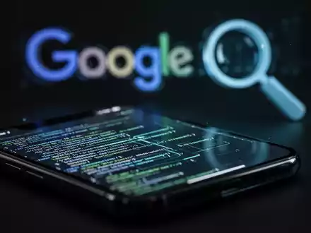 Nahaufnahme eines iPhone-Bildschirms mit abstraktem Code, unscharfes Google-ähnliches Logo im Hintergrund, symbolisiert Sicherheitsupdates. - Foto: über boerse-global.de
