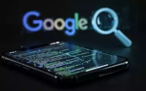 Nahaufnahme eines iPhone-Bildschirms mit abstraktem Code, unscharfes Google-ähnliches Logo im Hintergrund, symbolisiert Sicherheitsupdates. - Foto: über boerse-global.de