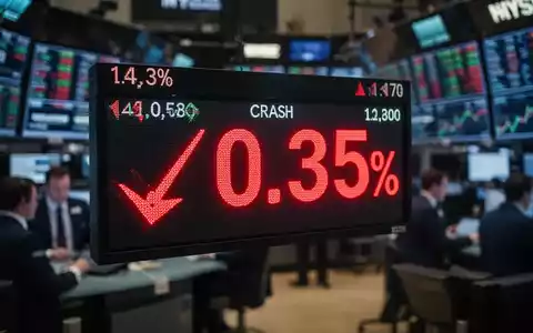 Eine rote Abwärtspfeil-Grafik und die Zahl 0,35 auf einem Börsenbildschirm, der einen 13-prozentigen Aktiensturz symbolisiert. - Foto: über boerse-global.de