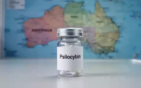 Ein kleines, versiegeltes Pharma-Behältnis mit der Aufschrift 'Psilocybin' auf einer sterilen Oberfläche, mit Australien im Hintergrund. - Foto: über boerse-global.de