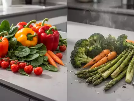 Eine ausgewogene Anordnung von rohem und gekochtem Gemüse auf einer Küchenarbeitsplatte, die gesunde Ernährung symbolisiert. - Foto: über boerse-global.de