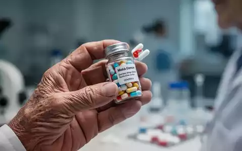 Eine Nahaufnahme einer älteren Hand, die eine Pillenflasche hält, mit einem unscharfen medizinischen Hintergrund. - Foto: über boerse-global.de