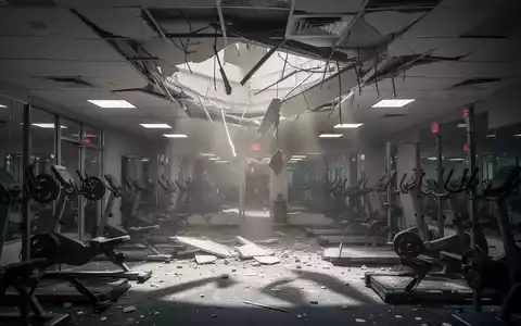 Ein Fitnessstudio-Innenraum mit einem eingestürzten Deckenteil, Trümmer liegen auf Trainingsgeräten. Dämmriges Notlicht. - Foto: über boerse-global.de