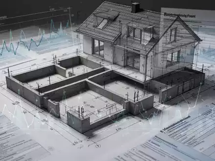 Eine detaillierte Bauzeichnung eines Hauskellers, überlagert mit Diagrammen und deutschen Steuerformularen, die Präzision und Optimierung darstellen. - Foto: über boerse-global.de