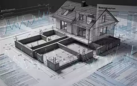 Eine detaillierte Bauzeichnung eines Hauskellers, überlagert mit Diagrammen und deutschen Steuerformularen, die Präzision und Optimierung darstellen. - Foto: über boerse-global.de