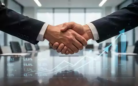Zwei Hände schütteln sich über einem Konferenztisch, der digitale Gehaltsdaten und Aufwärtstrendpfeile widerspiegelt. - Foto: über boerse-global.de