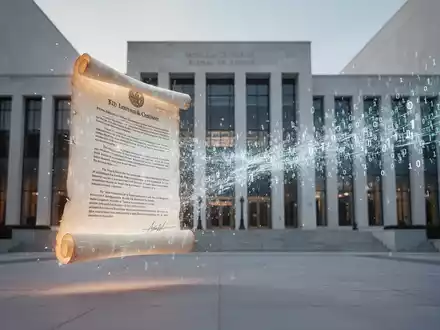 Ein digitales Rechtsdokument oder eine Schriftrolle, die sich in einen Strom von Binärcode verwandelt, vor einem modernen Regierungsgebäude. - Foto: über boerse-global.de