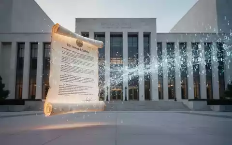 Ein digitales Rechtsdokument oder eine Schriftrolle, die sich in einen Strom von Binärcode verwandelt, vor einem modernen Regierungsgebäude. - Foto: über boerse-global.de