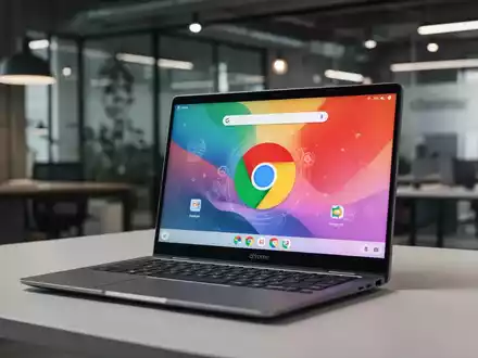 Ein schlankes Chromebook-Laptop auf einem modernen Schreibtisch, zeigt die ChromeOS-Oberfläche, mit unscharfem Büro im Hintergrund. - Foto: über boerse-global.de