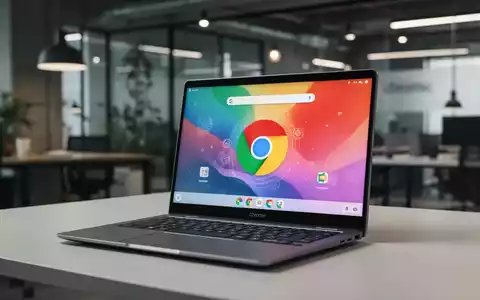 Ein schlankes Chromebook-Laptop auf einem modernen Schreibtisch, zeigt die ChromeOS-Oberfläche, mit unscharfem Büro im Hintergrund. - Foto: über boerse-global.de
