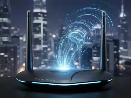Nahaufnahme einer modernen WLAN-Router-Antenne mit blauem Licht, Symbol für drahtlose Konnektivität. Unscharfe futuristische Stadtsilhouette im Hintergrund. - Foto: über boerse-global.de