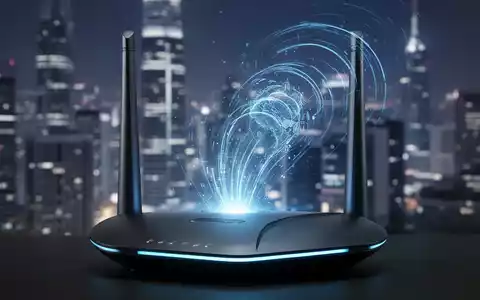 Nahaufnahme einer modernen WLAN-Router-Antenne mit blauem Licht, Symbol für drahtlose Konnektivität. Unscharfe futuristische Stadtsilhouette im Hintergrund. - Foto: über boerse-global.de