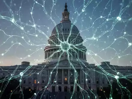 Abstraktes Bild eines leuchtenden neuronalen Netzes über einer Silhouette des California State Capitol. - Foto: über boerse-global.de