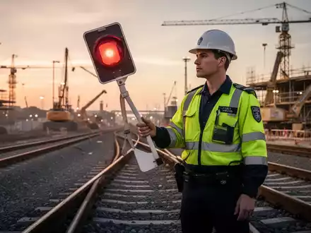 Ein Sicherungsposten in Warnkleidung steht auf Bahngleisen vor einer Baustelle und hält ein Signalschild. - Foto: über boerse-global.de