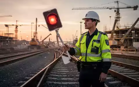 Ein Sicherungsposten in Warnkleidung steht auf Bahngleisen vor einer Baustelle und hält ein Signalschild. - Foto: über boerse-global.de