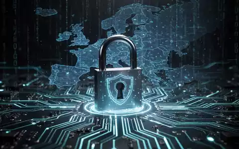 Ein digitales Vorhängeschloss auf einer leuchtenden Leiterplatte, mit einer stilisierten Europakarte im Hintergrund und Datenströmen. - Foto: über boerse-global.de
