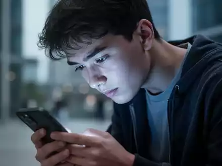 Eine junge Person, die mit gesenktem Kopf auf ein Smartphone schaut, was Nacken- und Schulterbelastung symbolisiert. - Foto: über boerse-global.de