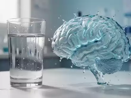 Ein klares Glas Wasser neben einem Gehirn aus fließendem, durchscheinendem Wasser, das Hydration und Gehirngesundheit symbolisiert. - Foto: über boerse-global.de