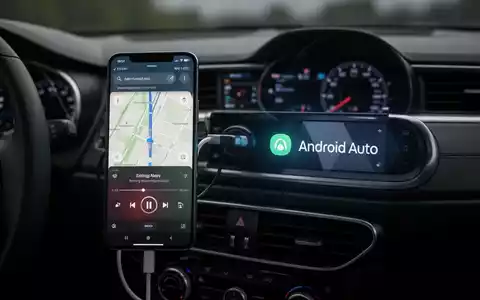 Smartphone-Bildschirm mit Android Auto nahtlos im Armaturenbrett integriert, Symbol digitaler Vernetzung. - Foto: über boerse-global.de