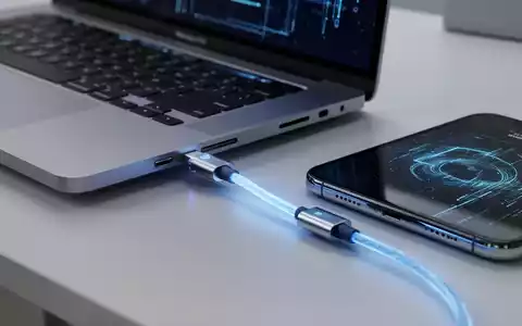 Silbernes MacBook per leuchtendem USB-C-Kabel mit iPhone verbunden auf minimalistischem Schreibtisch, symbolisiert sichere Datenübertragung. - Foto: über boerse-global.de