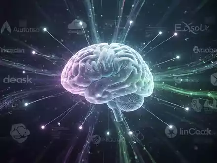 Stilisierte abstrakte Darstellung eines leuchtenden KI-Gehirns oder neuronalen Netzes mit Lichtstrahlen, die es mit verschiedenen Punkten verbinden und Datenfluss sowie Markensichtbarkeit darstellen. - Foto: über boerse-global.de
