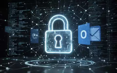 Leuchtendes Vorhängeschloss-Symbol über holografischer Netzwerkdaten-Projektion und dezentem Outlook-Logo, symbolisiert E-Mail-Sicherheit und Datenschutz. - Foto: über boerse-global.de