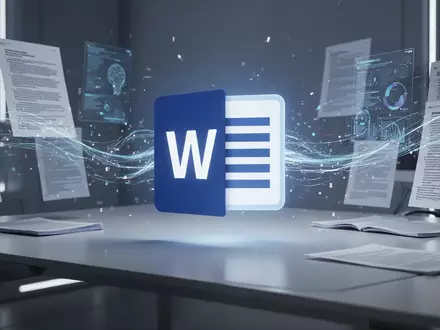 Leuchtendes Microsoft Word-Symbol auf modernem Schreibtisch, umgeben von digitalen Datenströmen, symbolisiert Dokumentenautomatisierung und KI-Integration. - Foto: über boerse-global.de