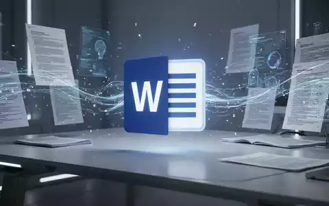 Leuchtendes Microsoft Word-Symbol auf modernem Schreibtisch, umgeben von digitalen Datenströmen, symbolisiert Dokumentenautomatisierung und KI-Integration. - Foto: über boerse-global.de