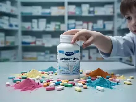 Eine Kinderhand greift nach einer Flasche mit der Aufschrift „Wachstumsdrink“, umgeben von Pillen und Pulvern. - Foto: über boerse-global.de