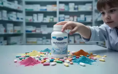 Eine Kinderhand greift nach einer Flasche mit der Aufschrift „Wachstumsdrink“, umgeben von Pillen und Pulvern. - Foto: über boerse-global.de