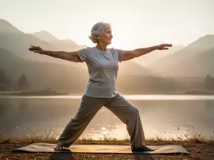 Eine ältere Frau praktiziert Tai Chi oder Pilates bei Sonnenaufgang, ihre Bewegungen sind fließend und anmutig. - Foto: über boerse-global.de