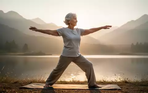 Eine ältere Frau praktiziert Tai Chi oder Pilates bei Sonnenaufgang, ihre Bewegungen sind fließend und anmutig. - Foto: über boerse-global.de
