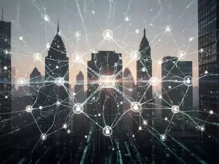 Leuchtendes, vernetztes neuronales Netzdiagramm überlagert subtil Firmengebäude und digitale Datenströme, symbolisiert KI-Partnerschaften. - Foto: über boerse-global.de