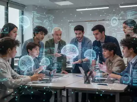 Schüler und Lehrer interagieren mit KI-Oberflächen in einem modernen Klassenzimmer, das digitales Lernen und Verwaltungstools zeigt. - Foto: über boerse-global.de