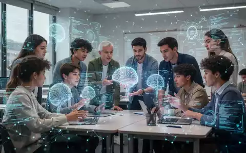 Schüler und Lehrer interagieren mit KI-Oberflächen in einem modernen Klassenzimmer, das digitales Lernen und Verwaltungstools zeigt. - Foto: über boerse-global.de
