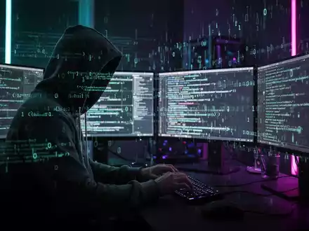 Person in Kapuzenjacke tippt an mehreren Bildschirmen in dunklem Neon-Raum mit Code-Overlays. - Foto: über boerse-global.de