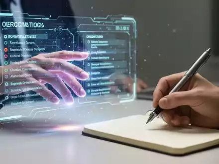 Eine Hand greift nach einer digitalen Aufgabenliste, während eine andere Hand einen Stift über einem Notizbuch hält. Symbolisiert Entscheidungsfindung und Produktivität. - Foto: über boerse-global.de