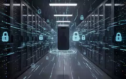 Dunkler Serverraum mit leuchtenden Datenströmen und holografischem Smartphone-Prototyp, symbolisiert einen Datenleck. - Foto: über boerse-global.de