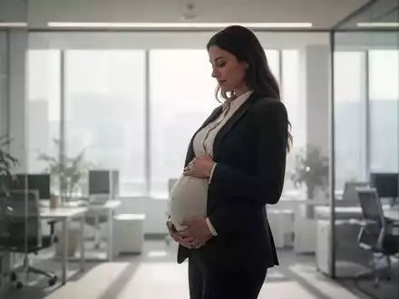Eine schwangere Frau in Businesskleidung steht selbstbewusst in einem modernen Büro und hält ihren Bauch. - Foto: über boerse-global.de