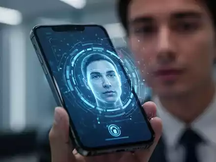 Nahaufnahme eines Smartphones, das einen Gesichtsscan anzeigt, mit einer verschwommenen Person im Hintergrund. - Foto: über boerse-global.de