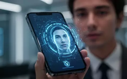 Nahaufnahme eines Smartphones, das einen Gesichtsscan anzeigt, mit einer verschwommenen Person im Hintergrund. - Foto: über boerse-global.de