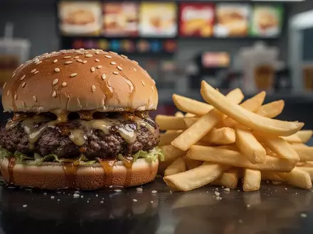 Ein ungesunder Burger und Pommes frites auf einer dunklen Oberfläche, die die negativen Auswirkungen von Fast Food hervorheben. - Foto: über boerse-global.de