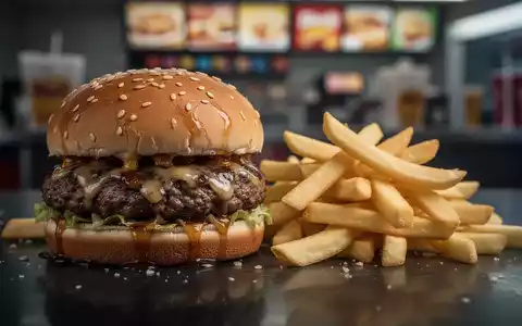 Ein ungesunder Burger und Pommes frites auf einer dunklen Oberfläche, die die negativen Auswirkungen von Fast Food hervorheben. - Foto: über boerse-global.de