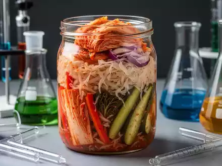 Ein Glas mit verschiedenen fermentierten Lebensmitteln wie Kimchi und Sauerkraut, umgeben von Laborgeräten. - Foto: über boerse-global.de