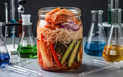 Ein Glas mit verschiedenen fermentierten Lebensmitteln wie Kimchi und Sauerkraut, umgeben von Laborgeräten. - Foto: über boerse-global.de